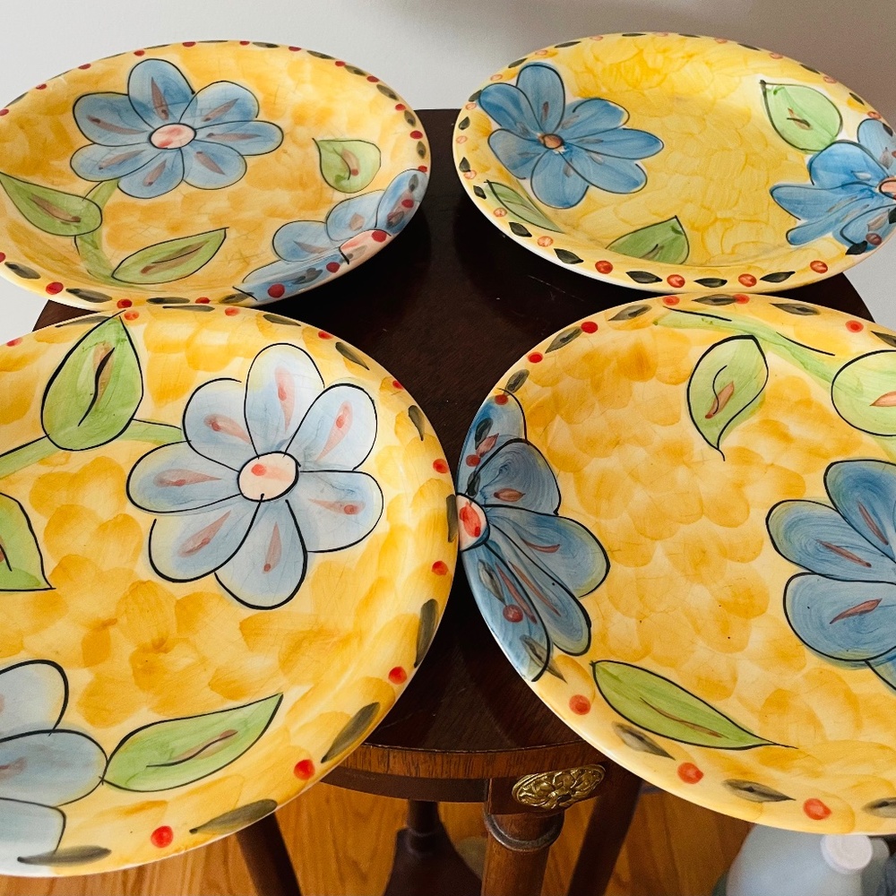 Four hand-painted ceramic oval plates by Gibson, Vintage Sunshine Pattern plates